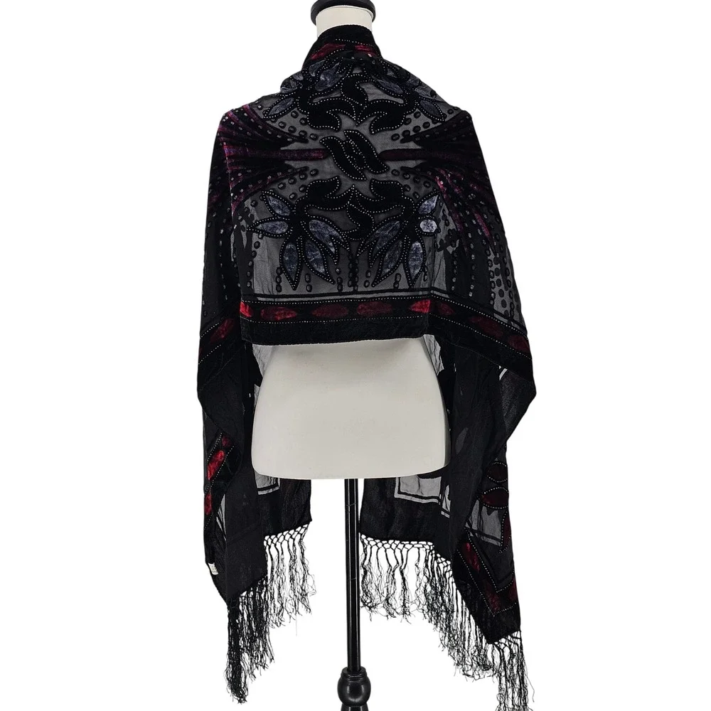 Silk Velvet Burnout Shawl Scarf OS Black Red Gothic Art Deco Flapper Fringe